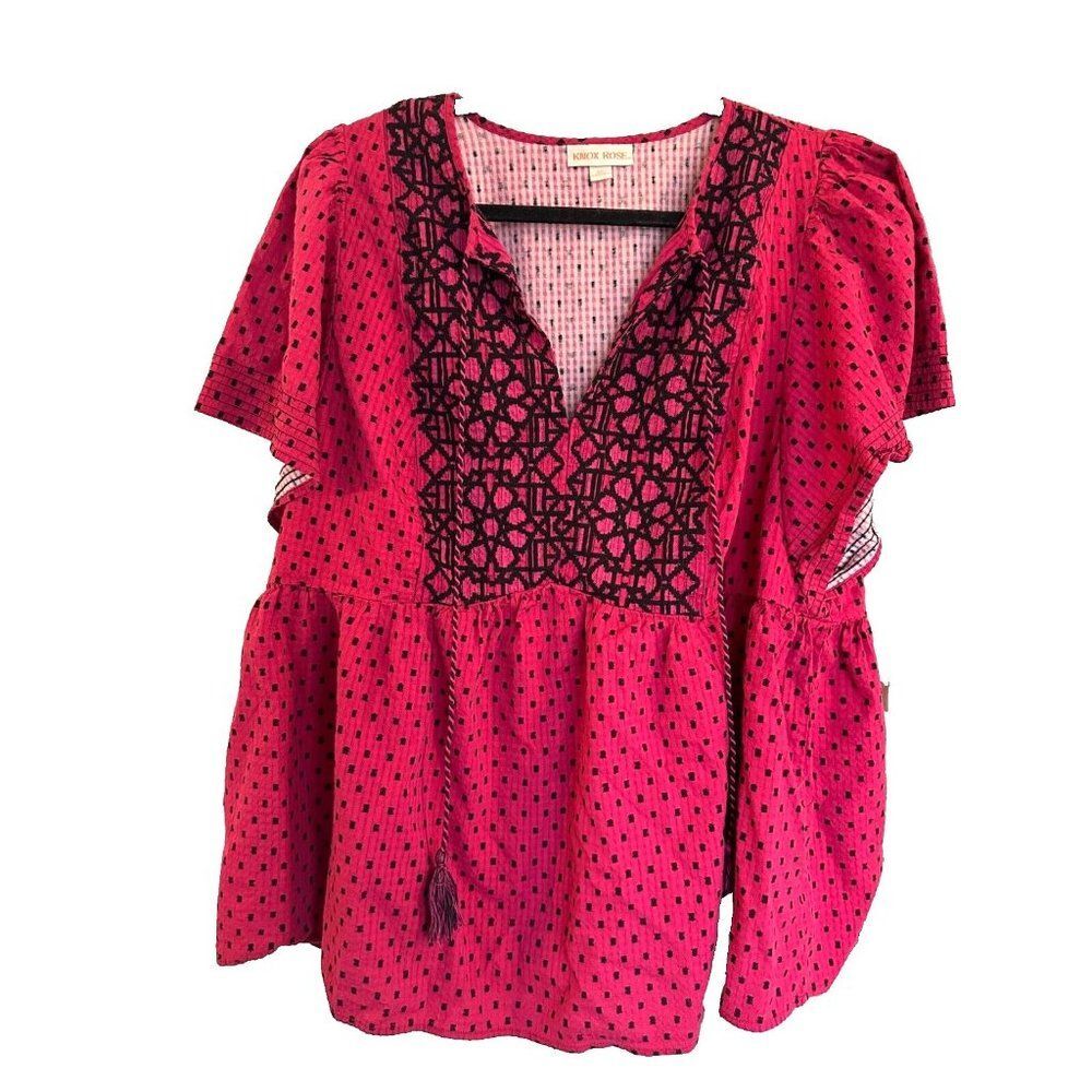 Knox Rose Boho Embroidered Tassel Blouse XXL